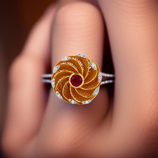 Yellow 14k gold fan ruby and diamonds lady ring Online Hot Sale