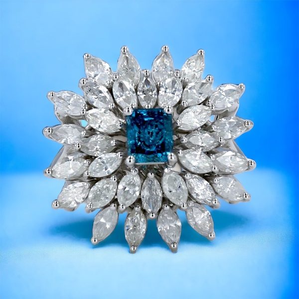 White 14k gold petals diamonds center stone blue diamonds For Cheap