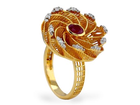 Yellow 14k gold fan ruby and diamonds lady ring Online Hot Sale